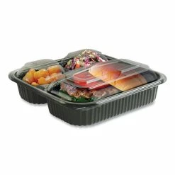 Promo 🎁 Culinary Squares 2-Piece/3-Compartment Microwavable Container, 21 Oz/6 Oz/6 Oz, 8.46 X 8.46 X 2.5, Clear/Black, 150/Carton ✔️