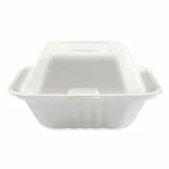 New 🔔 Bagasse Molded Fiber Food Containers, Hinged-Lid, 1-Compartment 6 X 6, White, 125/Sleeve, 4 Sleeves/Carton ✨