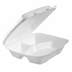 Discount 🎁 Dart Foam Hinged Lid Container, 3-Comp, 9 X 9 2/5 X 3, White, 100/Bag, 2 Bag/Carton 🔥